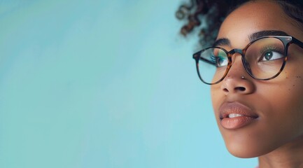 Close up of smiling African American woman wearing glasses and looking away, isolated on green background