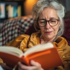 Portrait of relaxed retired senior woman sitting on the floor at home while reading a book enjoying free time and retirement