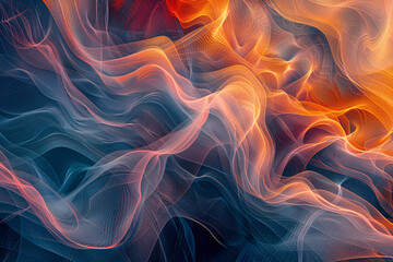 Abstract background with fluid shapes in blue and orange with a smoke-like pattern and vibrant texture