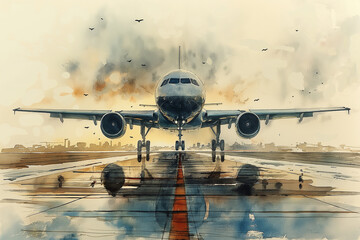 Front view of big aircraft on airstrip. Watercolour illustration. Selective focus. Travel concept. Close up