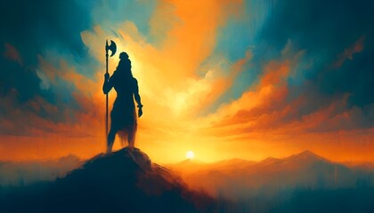 Illustration for parshuram jayanti with a silhouette of lord parshuram holding an axe.
