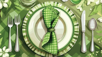 Table Fourting with green napkin on color background