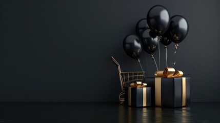Stylish black and white photograph of a celebration setup with gold balloons, cake boxes, and presents on a dark surface.