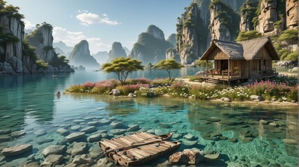 Naklejka premium A hut in the mountains near the river