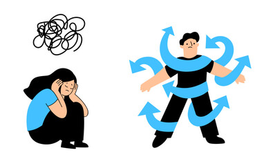 Female Character Depression, Stress. Depressed Unhappy Woman Sit on Floor with Tangled Thoughts in Head. Mental disorder. ADHD vector concept with male head in plenty of arrows in doubt. People suffer