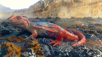 Vibrant orange salamander perched on rocky terrain with striking eyes - obrazy, fototapety, plakaty