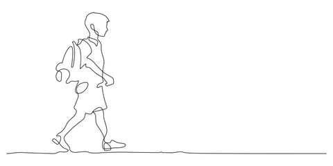 continuous line drawing of school boy walking on the way of education concept thin line illustration
