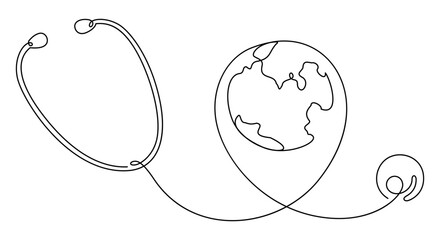 continuous line drawing of stethoscope and earth care environment concept thin line illustration