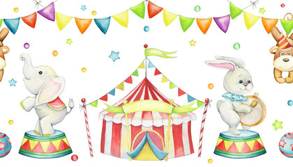 circus tent, bunny, elephant, monkey. garlands ball. Circus, watercolor seamless pattern