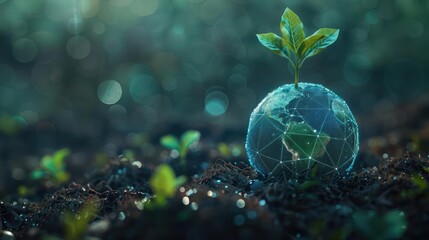 A small green plant sprouts from a globe , sitting on a bed of dirt