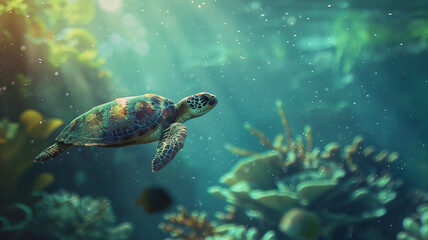 Obraz premium beautiful sea ocean with coral, anemones, turtles, clown fish, nemo. Deep blue sea with big whale