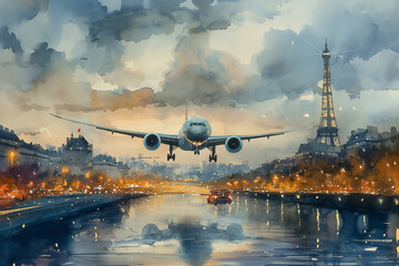 Big aircraft low flying over Seine river in Paris in evening. Watercolour illustration. Selective focus. Travel concept 