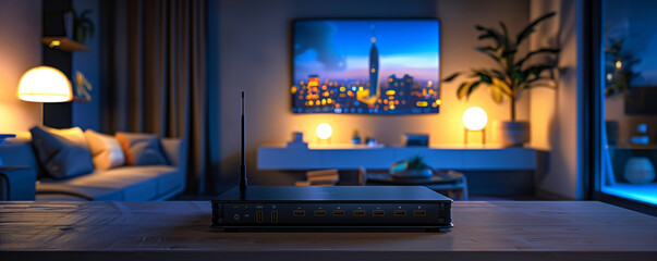 A high-speed wireless router, positioned elegantly on a wooden table, antennas positioned for efficient connectivity, harmonizing with the modern aesthetic of a technologically savvy home interior.