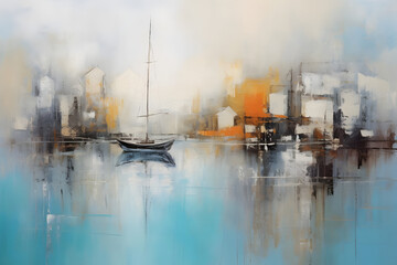 Quiet Harbor Haven, abstract landscape art, painting background, wallpaper, generative ai - obrazy, fototapety, plakaty