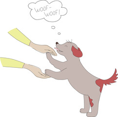 Cute puppy holding woman hands in cartoon style. Little dog and woman clip art