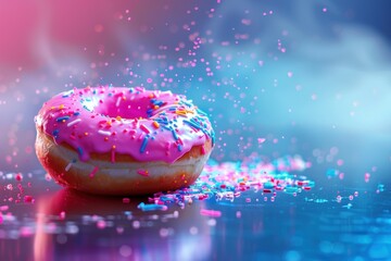 A vibrant image capturing a donut with pink icing and colorful sprinkles under neon lighting effects