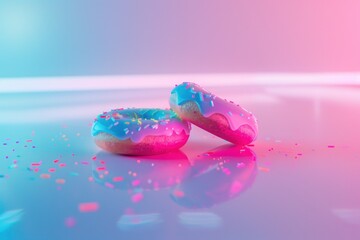 Two blue iced donuts, one bitten to form a heart shape, reflect on a pink surface with sprinkles