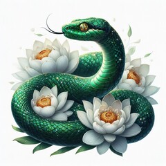 Emerald sparkling snake with golden eyes lies in white lotuses, realistic drawing - obrazy, fototapety, plakaty
