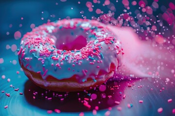 An eye-catching image of a donut with pink icing wrapped in dynamically vibrant and sparkly lighting effects