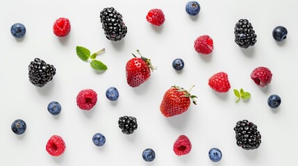 Blackberries, raspberries and blueberries on a white background