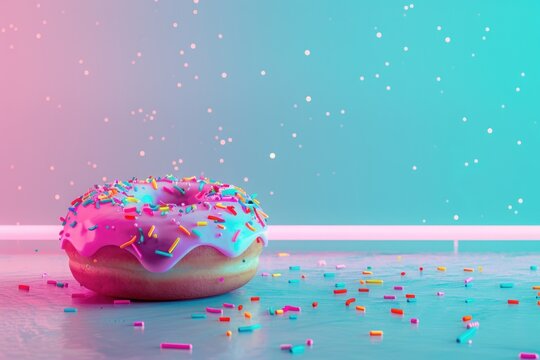 Enticing pink-frosted donut surrounded by colorful confetti pieces against a soft pastel backdrop