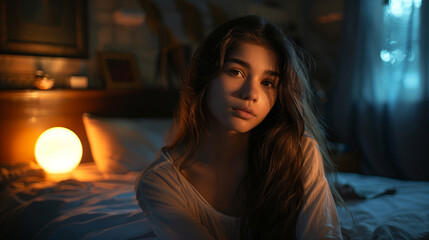 A young woman sits calmly in a bedroom bathed in the soft, warm light of the evening, exuding a peaceful and thoughtful presence.