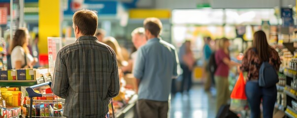 Customers waiting in line at grocery store