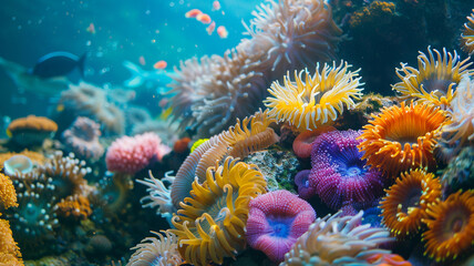 beautiful sea ocean with coral, anemones, turtles, clown fish, nemo. Deep blue sea with big whale