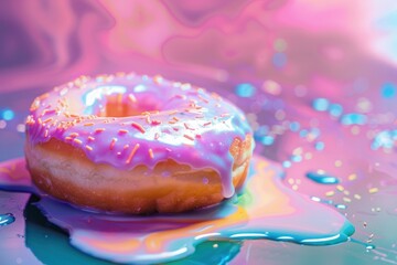 Obraz premium A single donut is center stage, its frosting reflecting the mesmerizing neon light patterns around
