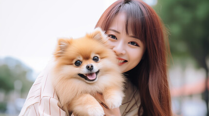 Pomeranian dog with a Asian woman
