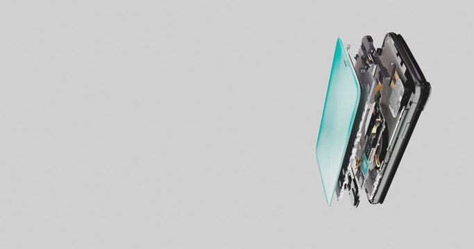 Detailed 3D animation of modern smartphone showing hardware and components inside. Black and white matte layer for compositing with other background.