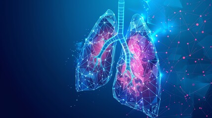 Human lungs depicted through a low poly technology, featuring a holographic, kinetographic display. Includes neon blue lines and dots forming a complex network of arteries and veins.