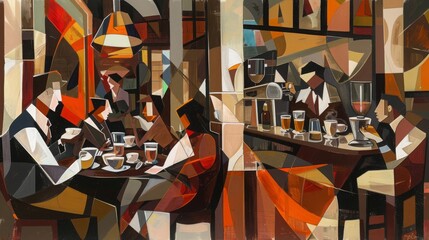 A visual arts painting of people dining at a table in a restaurant