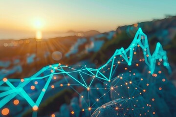 Bull market surge  vibrant blue graphs soaring upwards at sunrise in a promising financial rally