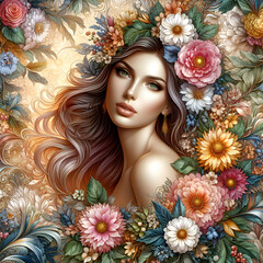 Naklejka premium Floral Beauty: Radiant Woman