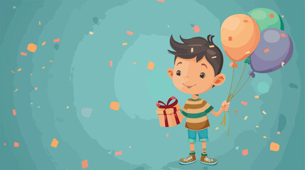 Cute little boy with birthday gift and balloon on blue background 