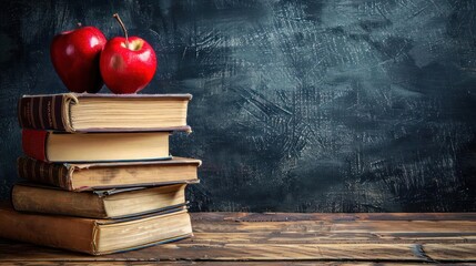 A minimalist image featuring an apple and books on a shelf against a chalkboard background, creating a back-to-school or classroom vibe.