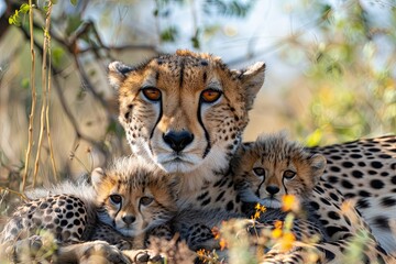 a mother cheetah and her cubs resting in the shade, their sleek bodies and spots blending with the grassy surveying the savannah from atop a termite mound at dusk, embodying the solitude