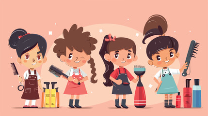 Cute little hairdressers on color background Vector