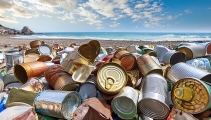 Symbolfoto, viele leere Konservendosen, teilweise zerdrückt, rostig, schmutzig, liegen am Strand