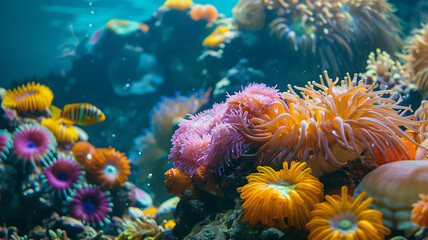 Obraz premium beautiful sea ocean with coral, anemones, turtles, clown fish, nemo. Deep blue sea with big whale