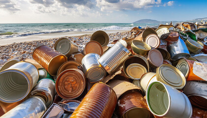 Symbolfoto, viele leere Konservendosen, teilweise zerdrückt, rostig, schmutzig, liegen am Strand, Abfall