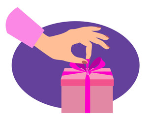 A woman's hand unties a gift box using a decorative ribbon. Theme of holiday, gifts, birthday. Minimalist style image. Vector illustration.