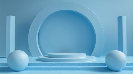 Realistic 3D blue and white cylinder pedestal podium with blue curtain in arch shape window background. Abstract minimal scene for products stage showcase, Promotion display. Vector geometric form.