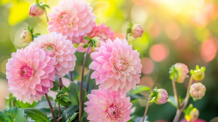 A close-up of fresh pink dahlia flowers blooming brightly under the golden sunlight in a lush garden setting.