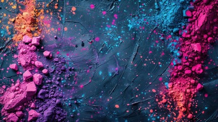 Obraz na płótnie Canvas A dynamic and colorful image featuring a chaotic explosion of colored powders with a dark background, emphasizing the vivid colors and contrast.