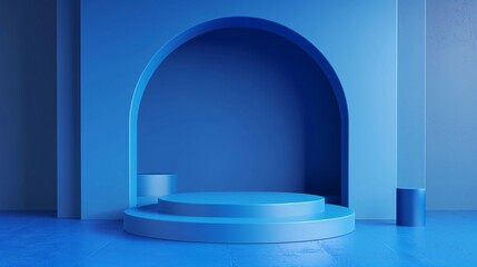 Realistic 3D blue and white cylinder pedestal podium with blue curtain in arch shape window background. Abstract minimal scene for products stage showcase, Promotion display. Vector geometric form.