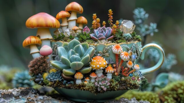 Enchanting teacup terrarium featuring succulents and miniature mushrooms