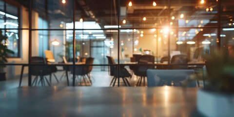 The inviting atmosphere of a modern office space in the evening, highlighted by warm lighting and glass partitions.