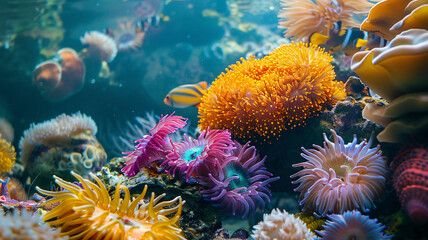 beautiful sea ocean with coral, anemones, turtles, clown fish, nemo. Deep blue sea with big whale